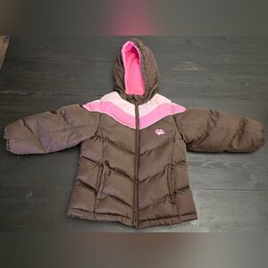 London Fog Hooded Coat Girls 5/6 Medium Puffer Jacket Brown & Pink Fleece Lined